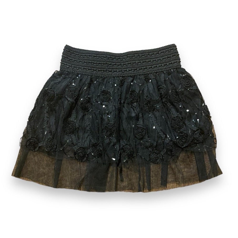 Girls black Lace Circle Skirt sequins roses tulle mini layered skirt
